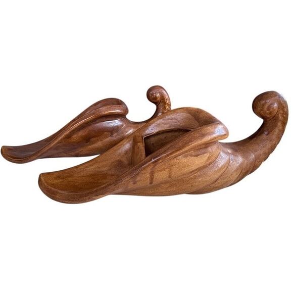 Pair Large Vtg Ceramic Cornucopia Horn of Plenty Table Center Planter Dark Brown - Picture 1 of 16